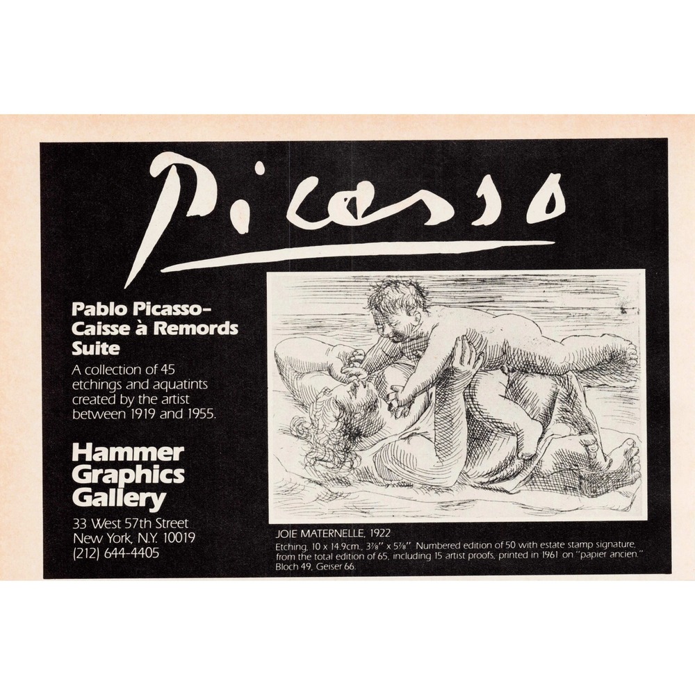 Vintage Pablo Picasso Caisse a Remords Suite Hammer Graphics Gallery Print Ad